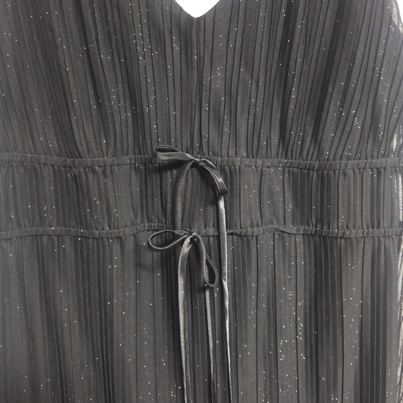 LBD V Neck Tie Waist Sparkle Black Pleated Midi Dress Whimsigoth Party Event - Picture 3 of 9